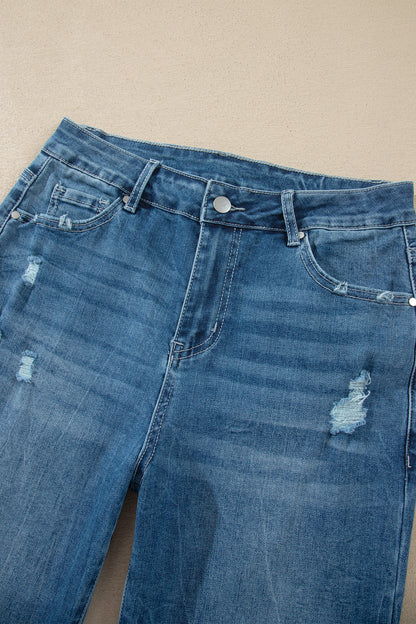 High Waist Flare Jeans Frayed Hem Western Denim Women