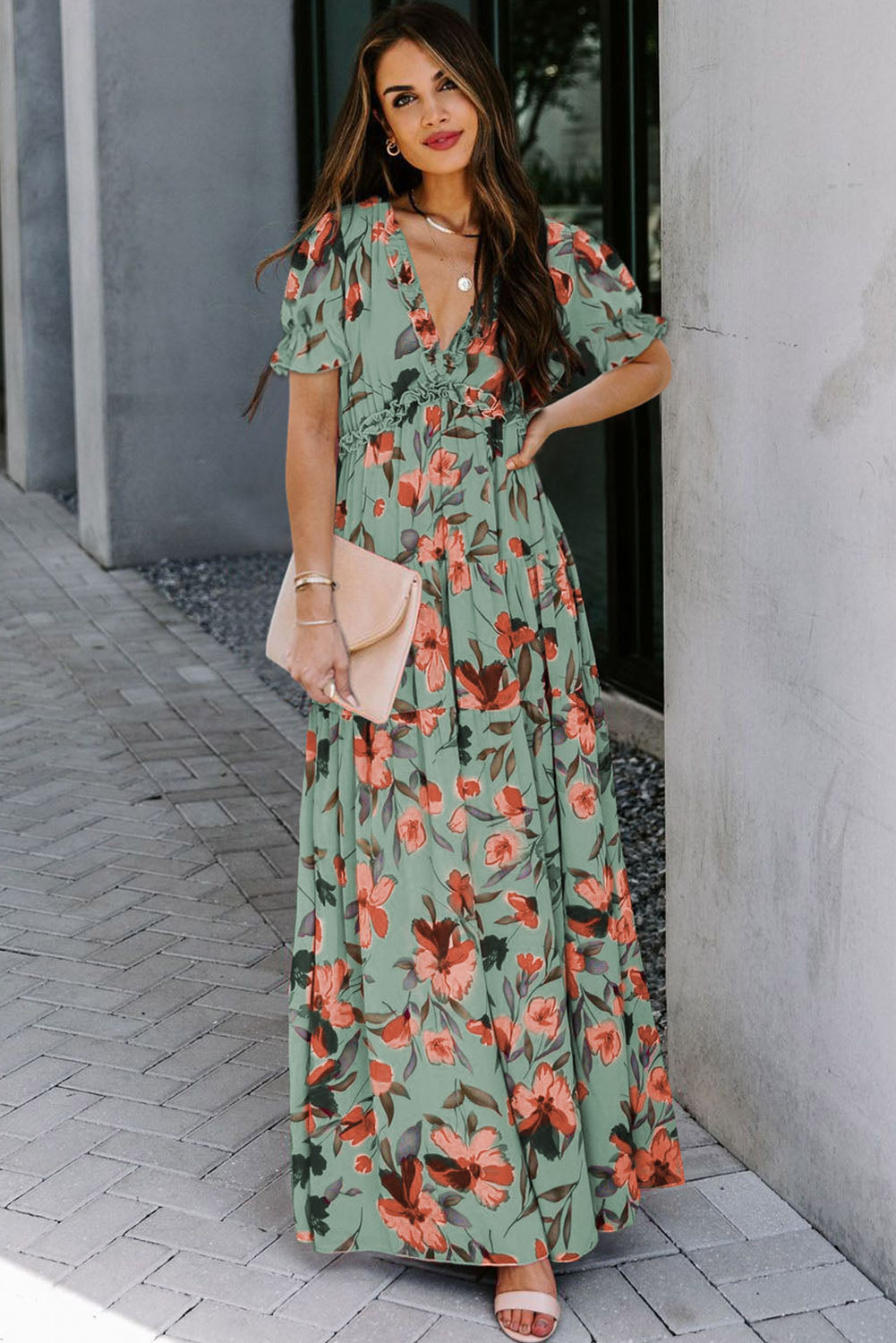 Sky Blue Floral V Neck Ruffle Short Sleeve Maxi Dress
