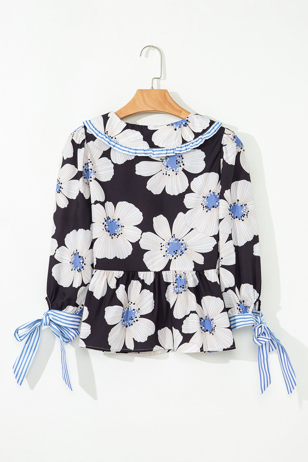 Floral Print Blouse Women Tie Sleeve Collared Top