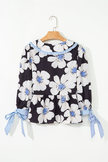 Floral Print Blouse Women Tie Sleeve Collared Top