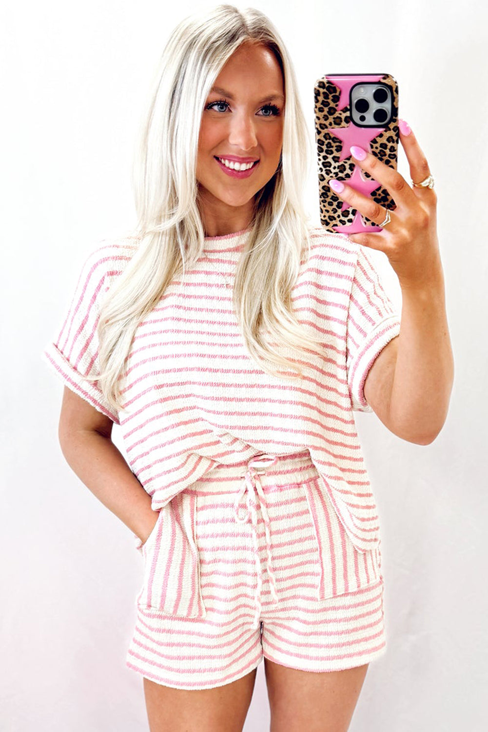 Pink Stripe Textured Knit Lounge Set Drawstring Shorts