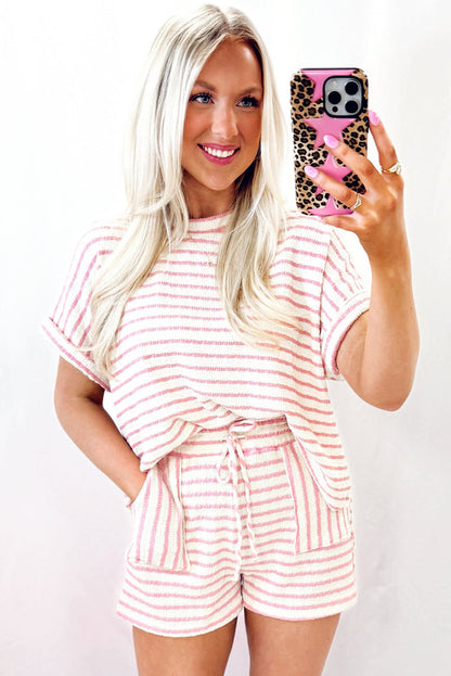Pink Stripe Textured Knit Lounge Set Drawstring Shorts