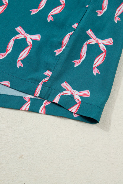 Green Bow Satin Pajama Set for Valentine Long Sleeve/Shorts
