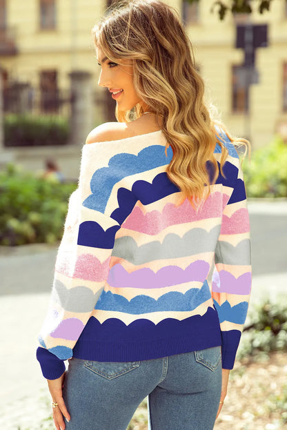 Wave Striped Balloon Sleeve Drop Shoulder Sweater