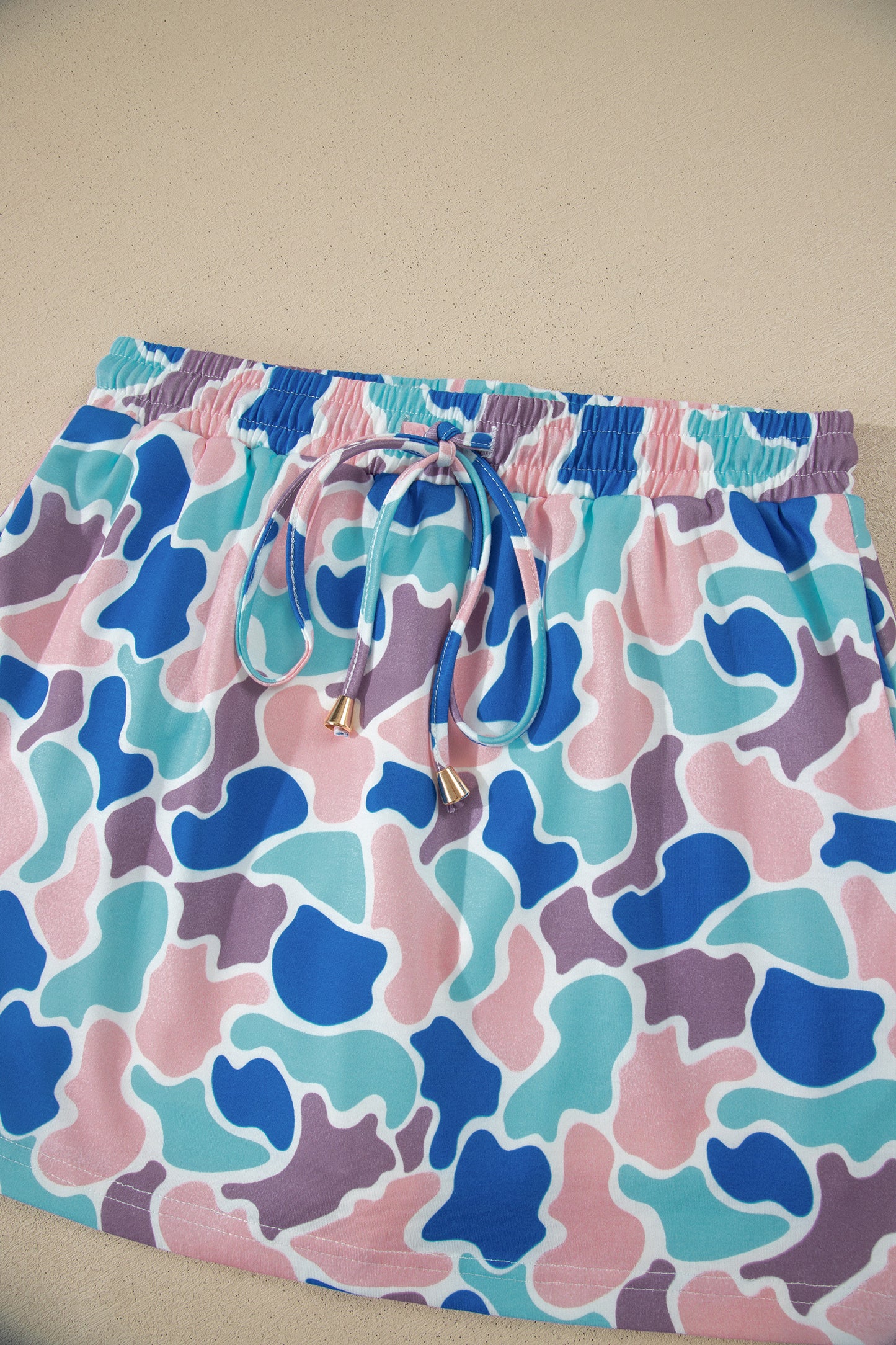 Khaki Western Camo Print Drawstring Mini Skort with Pockets