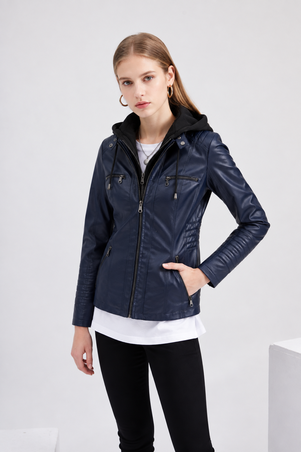 Women's Faux Leather Moto Jacket Removable Hood Plus Size