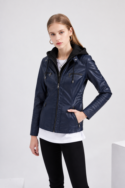 Women's Faux Leather Moto Jacket Removable Hood Plus Size