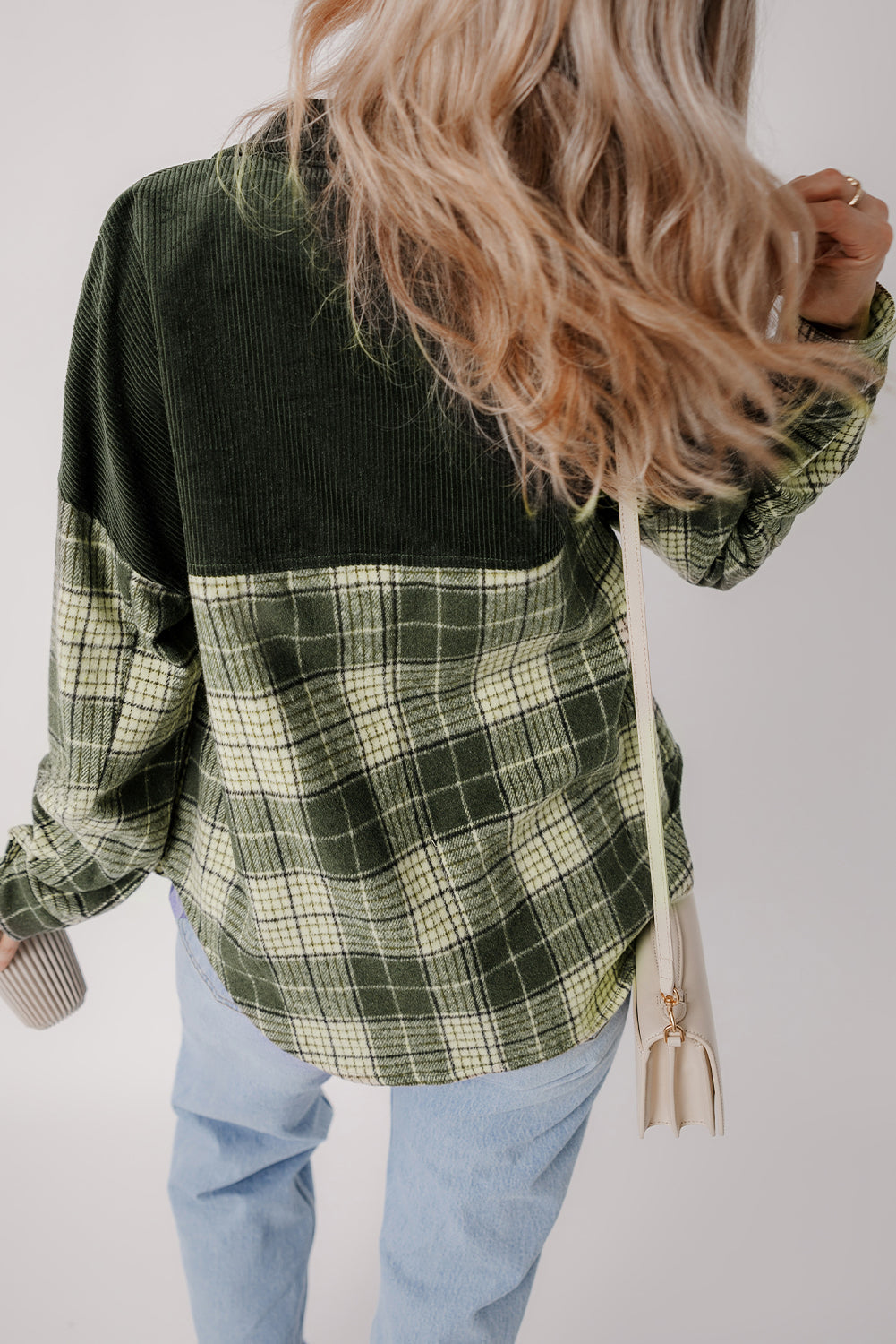 Blackish Green Snap Button Plaid Shacket with Corduroy Patchwork