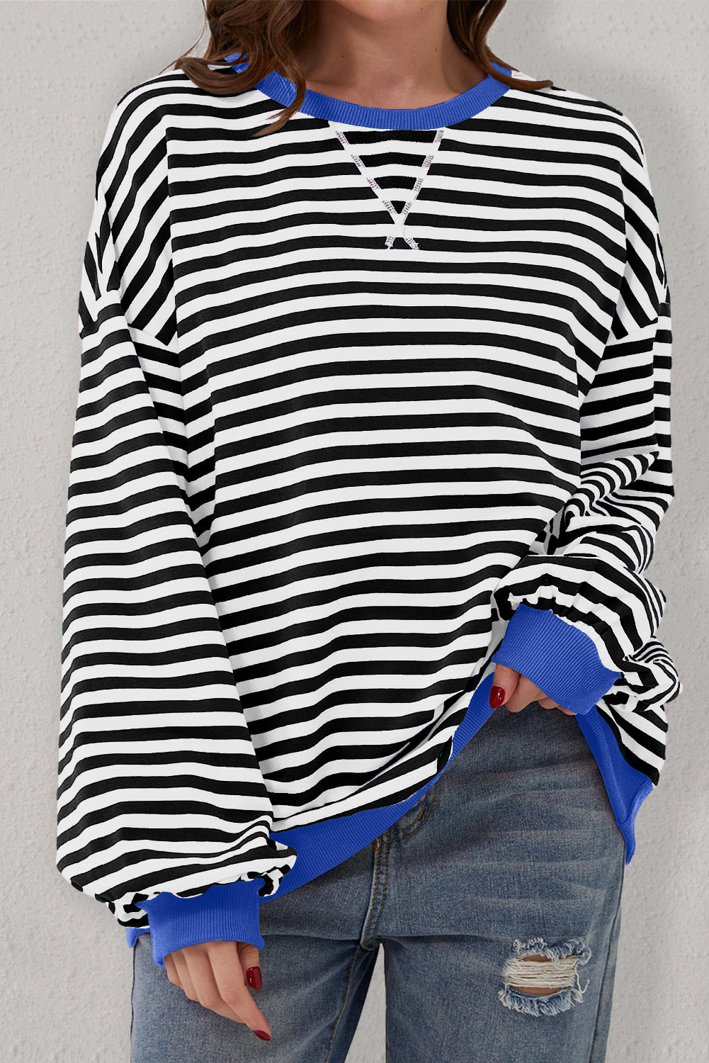 Sky Blue Stripe Oversized Contrast Trim Pullover Sweatshirt