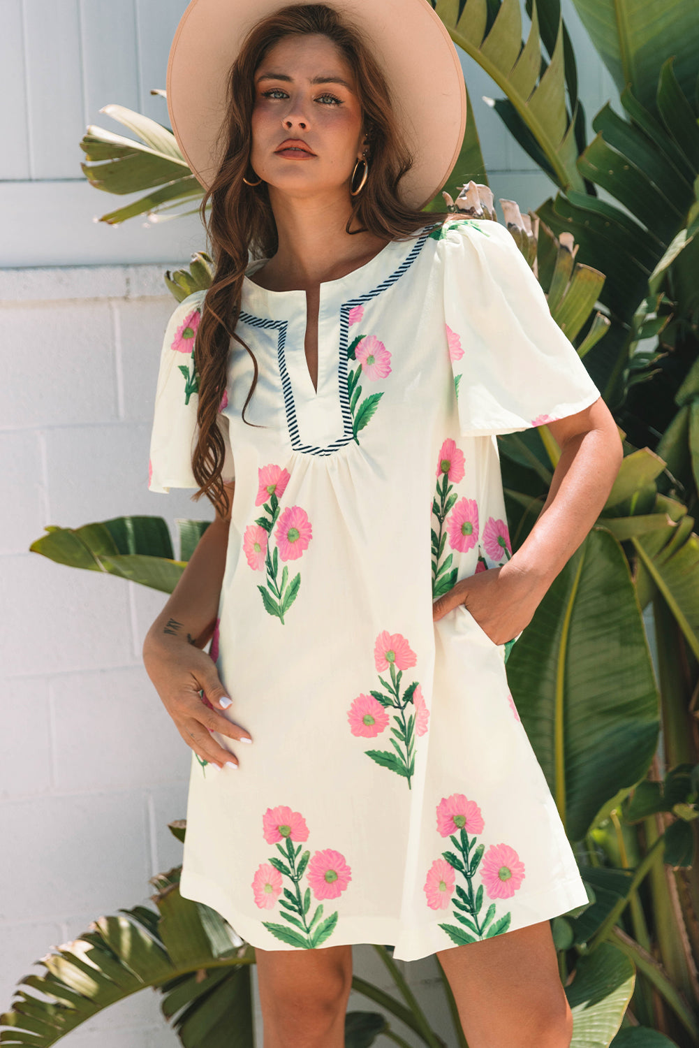 Easter Floral Split Neck Short Sleeve Mini Dress