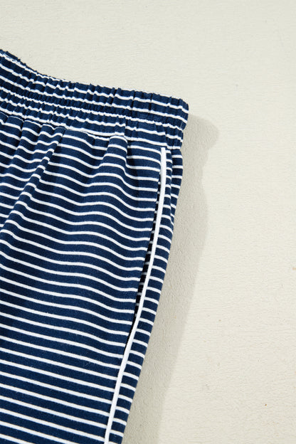 Blue Striped Long Sleeve Top and Buttoned Shorts Lounge Set