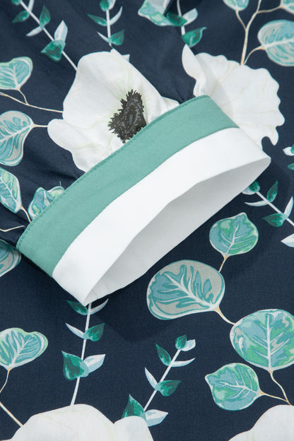 Blue Floral Print Striped Patchwork V Neck Short Sleeve Blouse