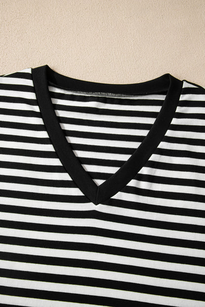 Black Stripe V Neck Lace Trim Casual Tee Top