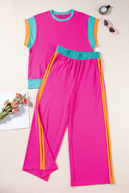 Color Block Lounge Set Wide Leg Pants 2 Piece
