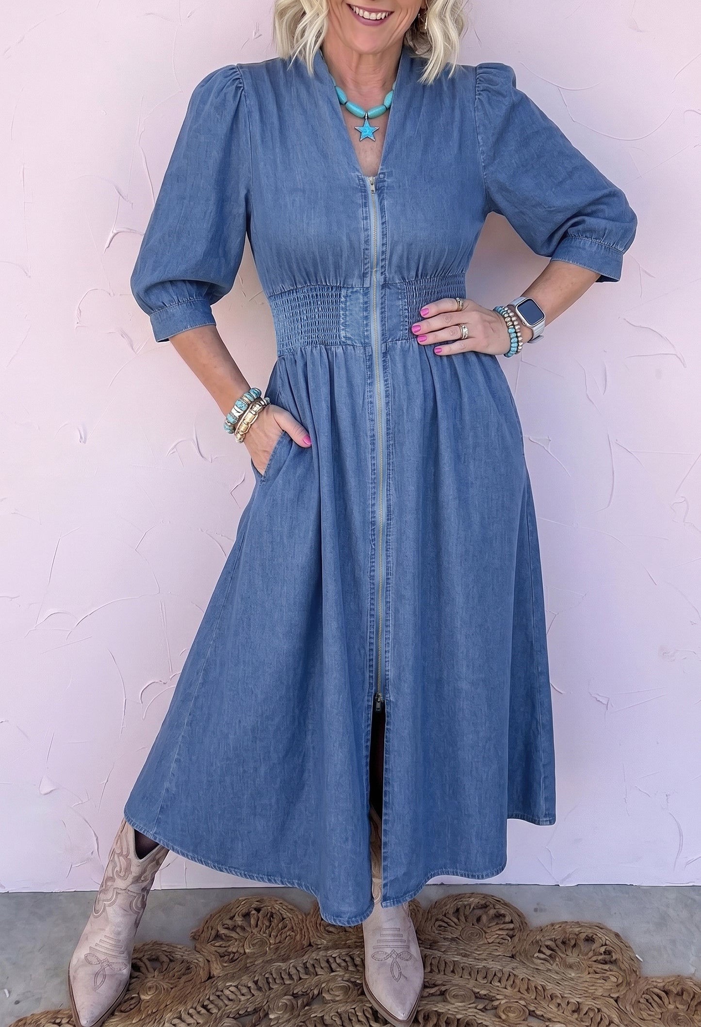 Denim Zip Front Smocked Waist Puff Sleeve Midi Dress