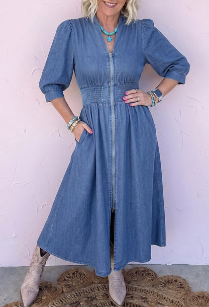Denim Zip Front Smocked Waist Puff Sleeve Midi Dress