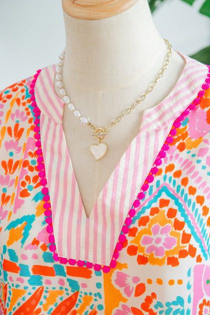 Boho Patchwork Print Flutter Sleeve V Neck Blouse