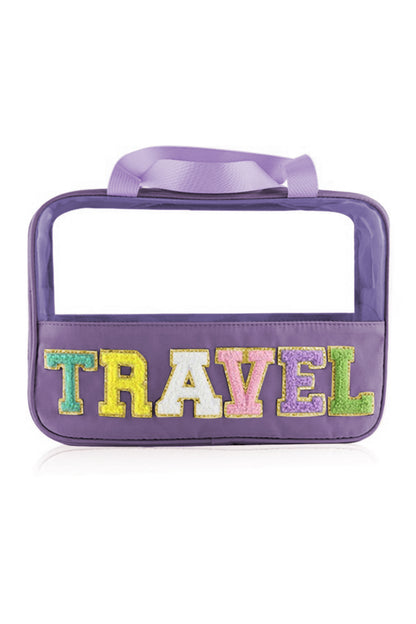 Light Pink TRAVEL Chenille Letter Clear PVC Makeup Bag