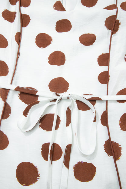Polka Dot V Neck Tie Waist Short Sleeve Midi Dress