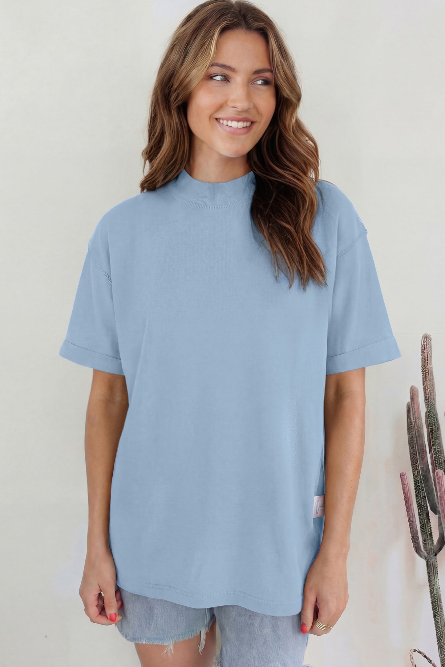 Dark Blue Oversized Mock Neck Tee Casual Relaxed Top