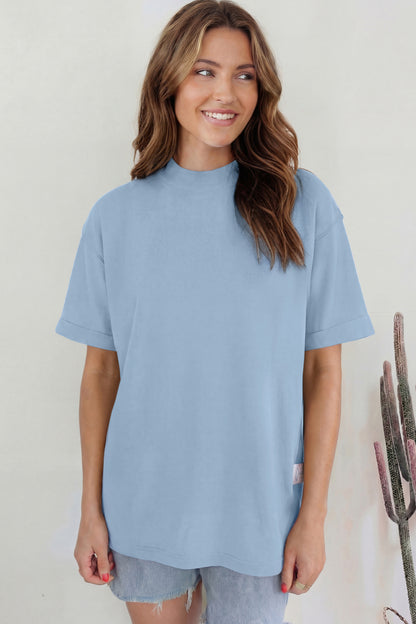 Dark Blue Oversized Mock Neck Tee Casual Relaxed Top