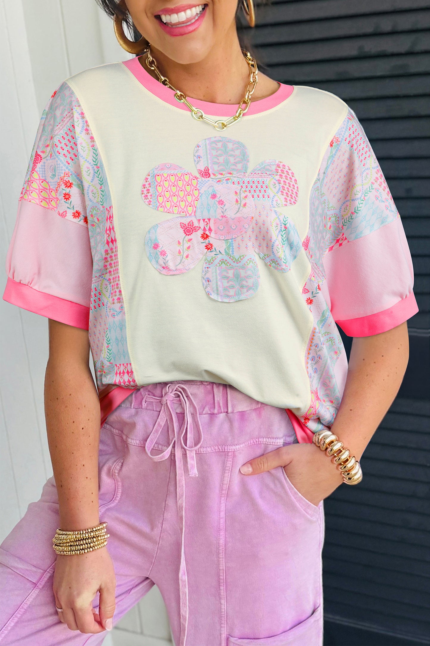 Beige Floral Patchwork Color Block Relaxed Fit Top