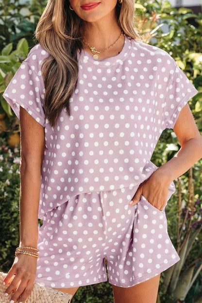 Polka Dot Lounge Short Set Casual Two Piece Outfit
