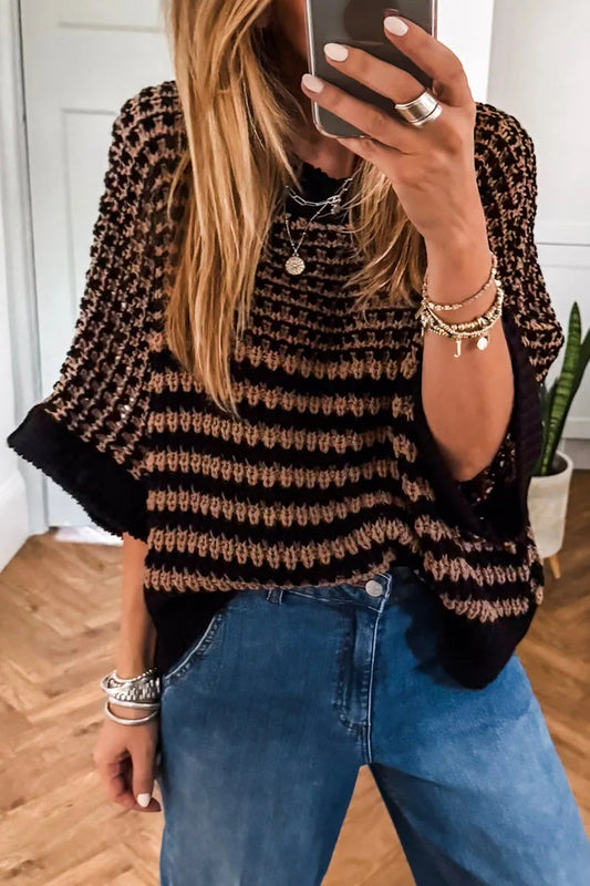 Women’s Striped Slouchy Knit Batwing Sleeve Sweater Top