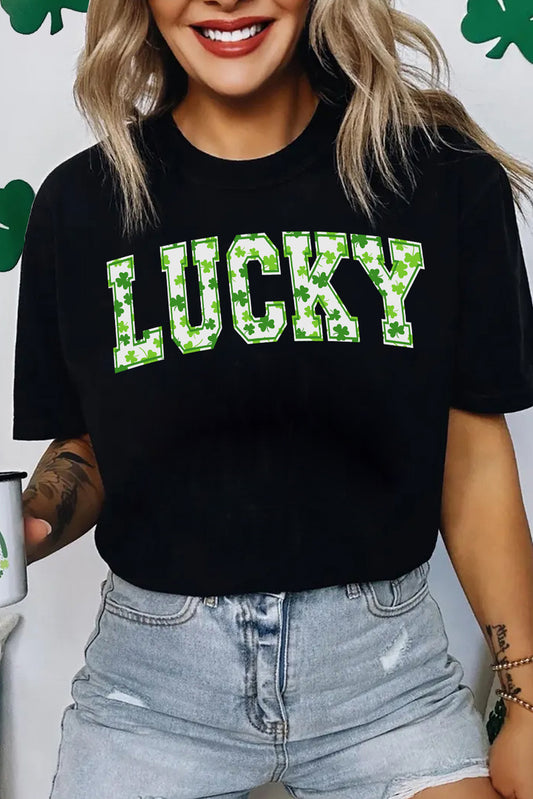 Black LUCKY Shamrock Print Graphic St Patrick’s Day Tee