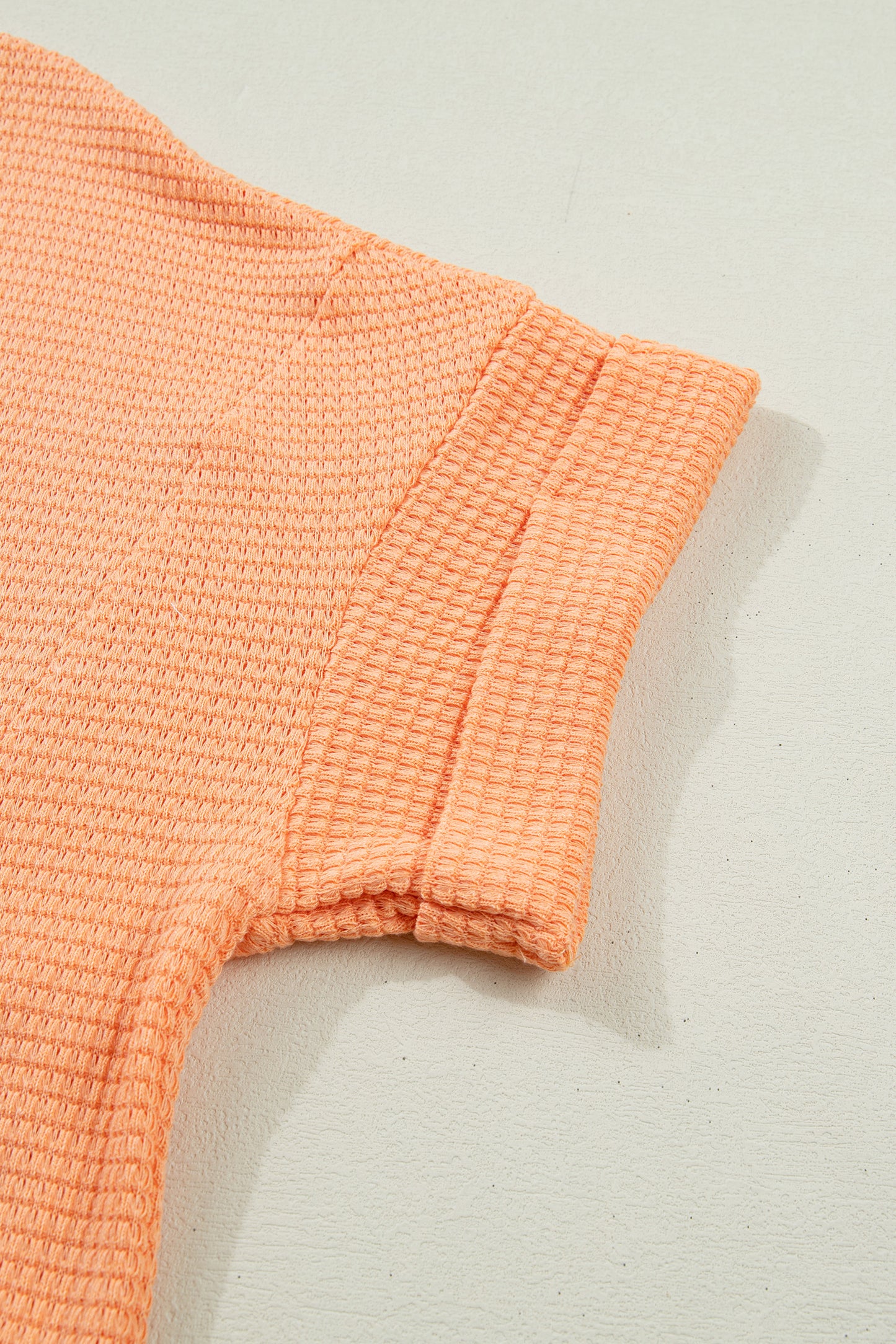 Strawberry Pink Waffle Knit V Neck Short Sleeve Casual Top