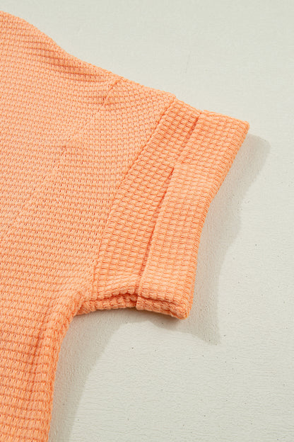 Strawberry Pink Waffle Knit V Neck Short Sleeve Casual Top