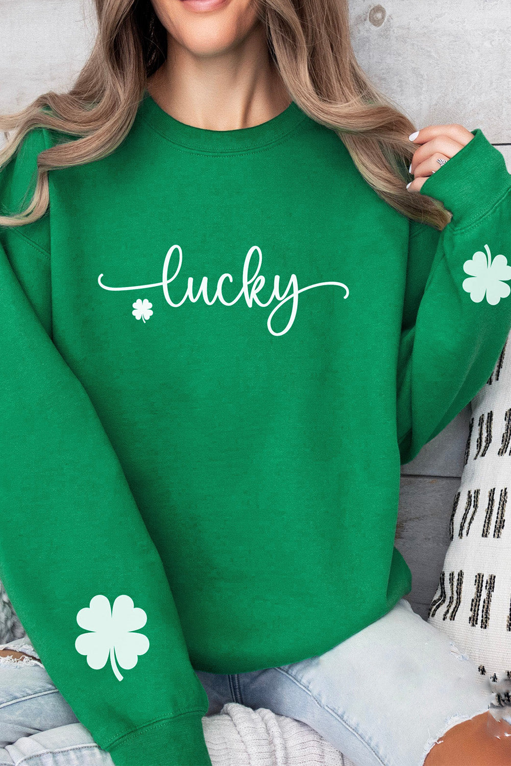 Green Lucky Clover Script St Patrick’s Drop Shoulder Sweatshirt