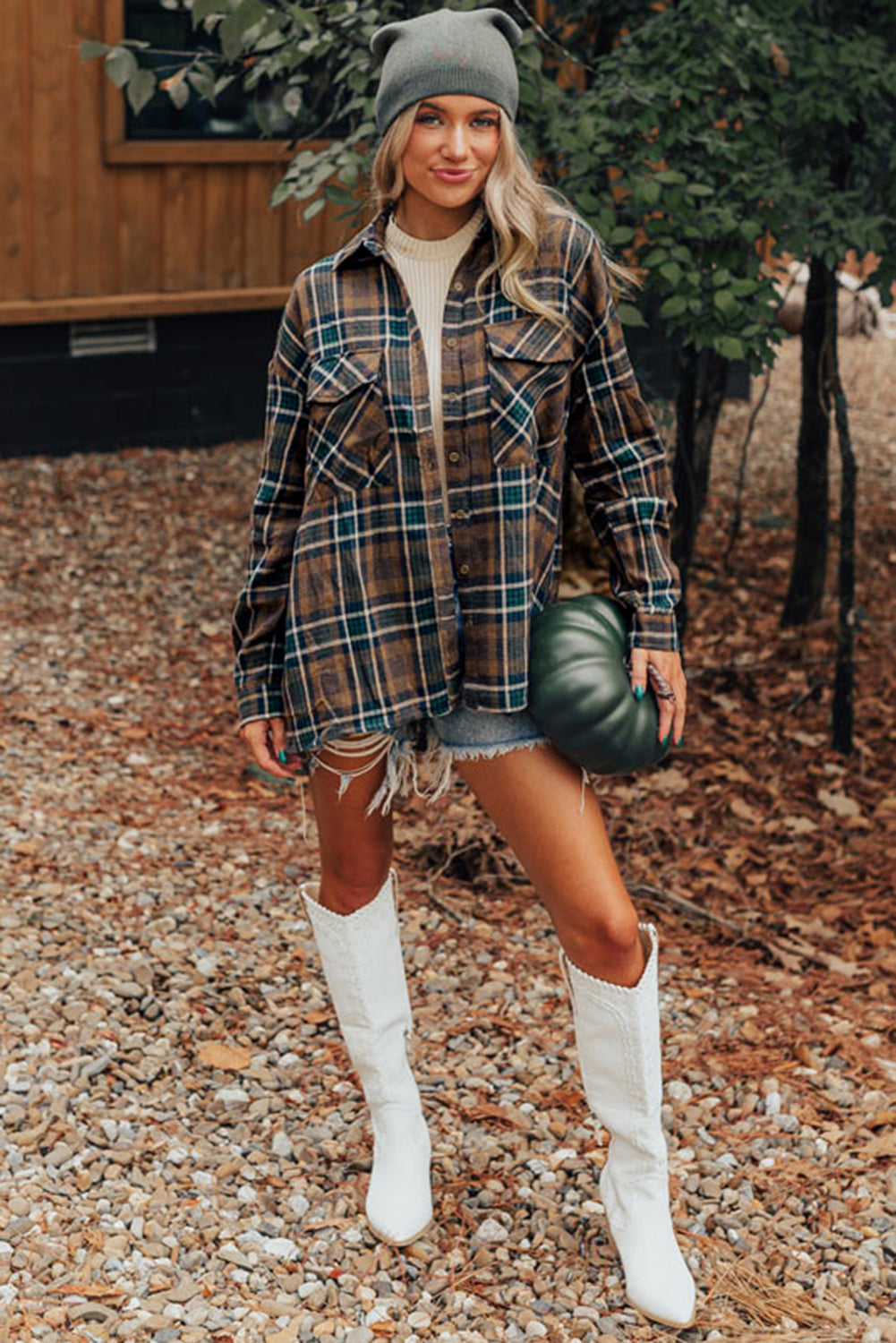 Brown Plaid Button-Down Shacket with Chest Pockets