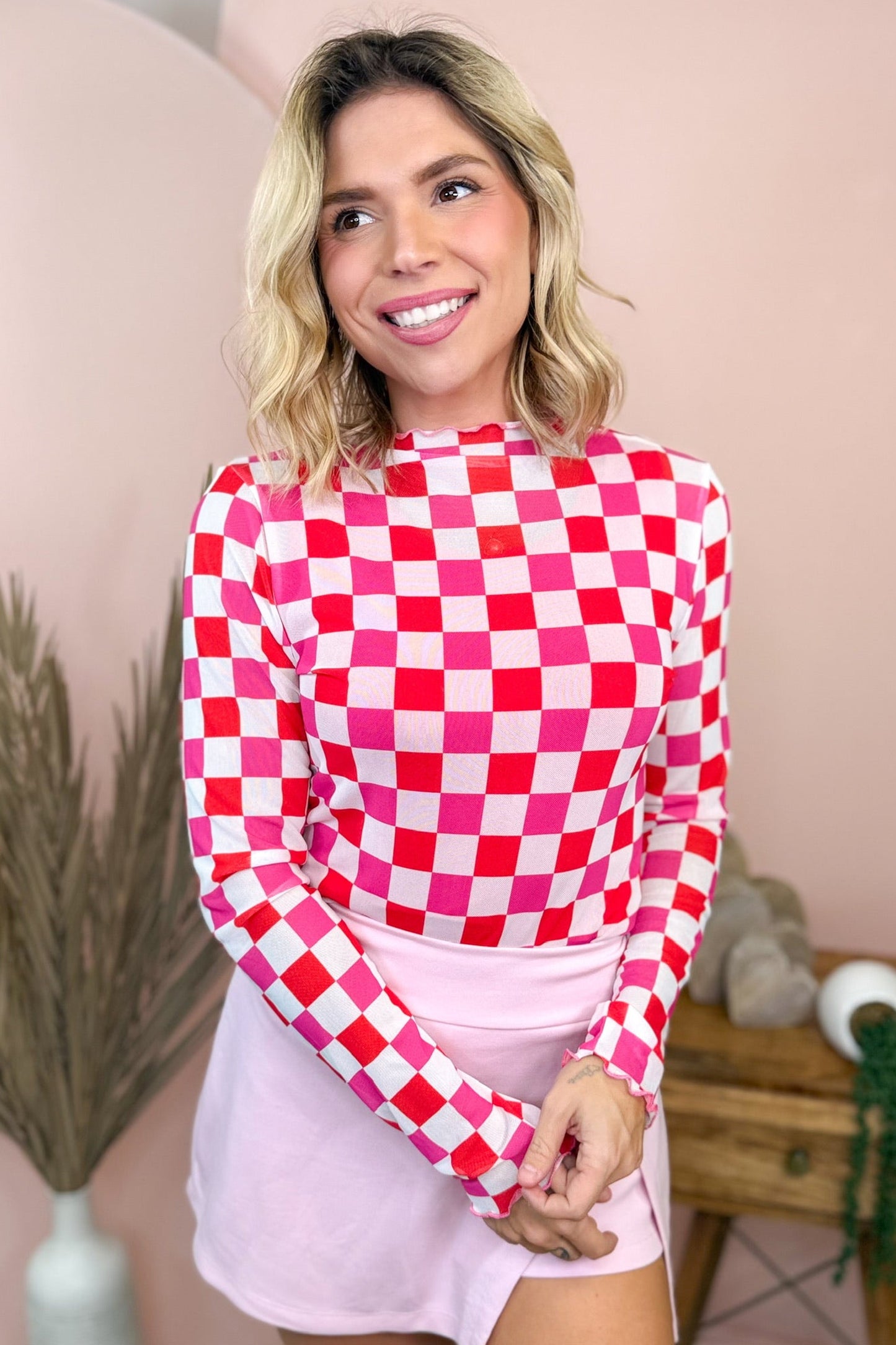 Rose Checkerboard Mesh Long Sleeve Fitted Top