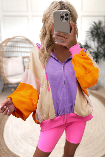 Oversized Colorblock Zip Up Hoodie – Retro Streetwear