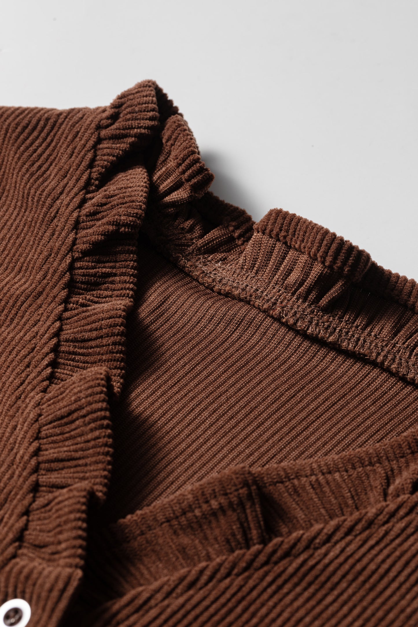 Coffee Corduroy Ruffle V Neck Button Shacket