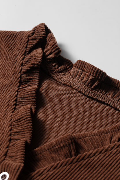 Coffee Corduroy Ruffle V Neck Button Shacket