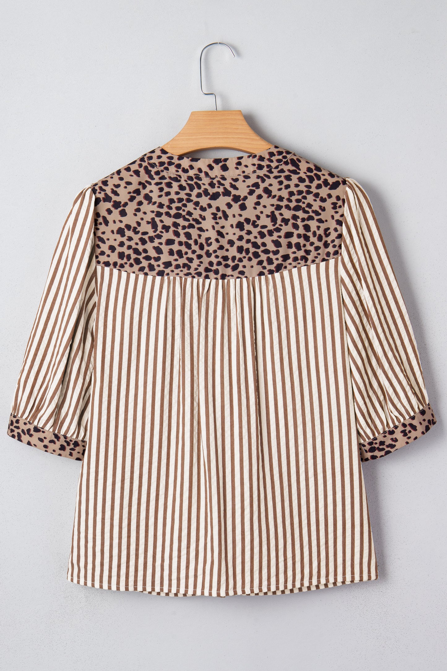 Brown Stripe V Neck Button Down Top with Leopard Trim Detail