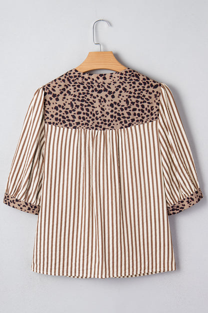 Brown Stripe V Neck Button Down Top with Leopard Trim Detail