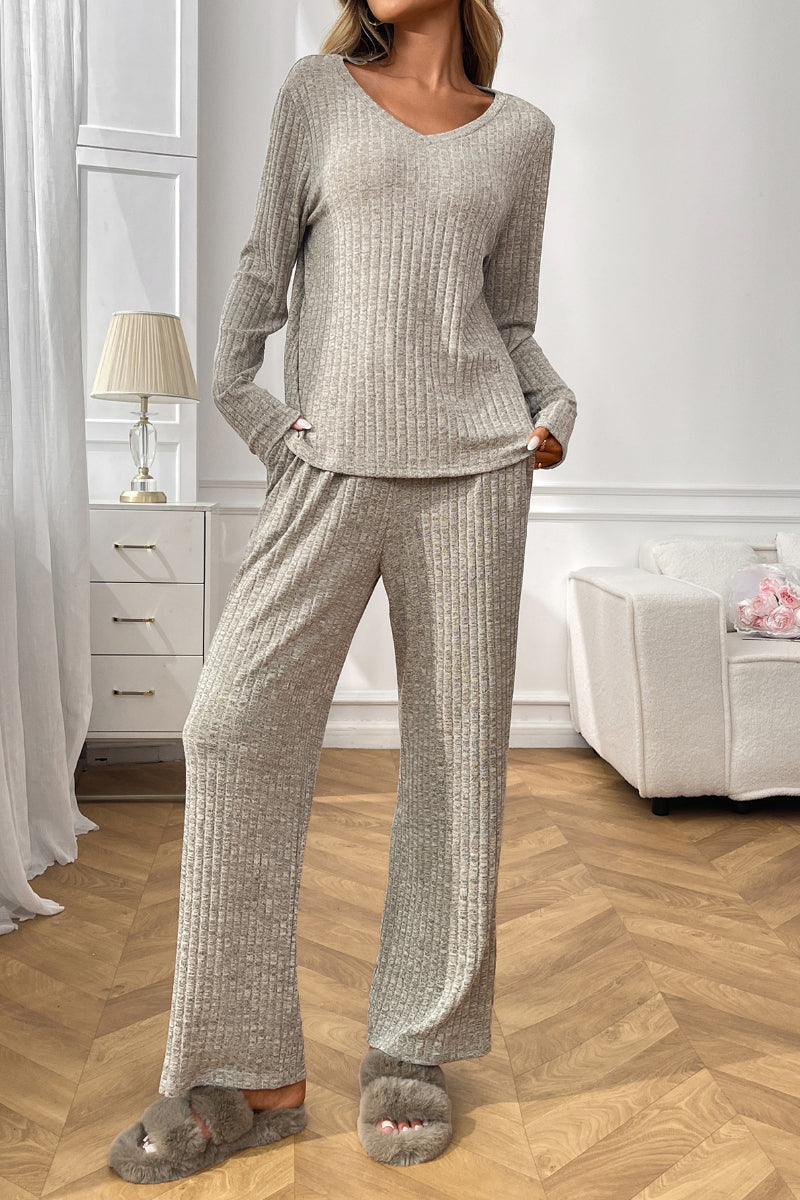 Cozy Ribbed V Neck Lounge Set with Wide Leg Pants