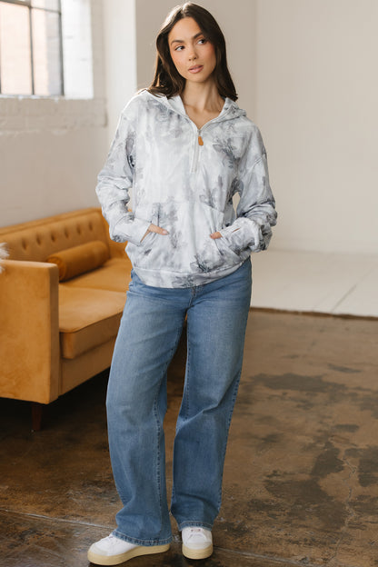 Gray Camo Leaf Print Quarter Zip Hoodie with Pocket