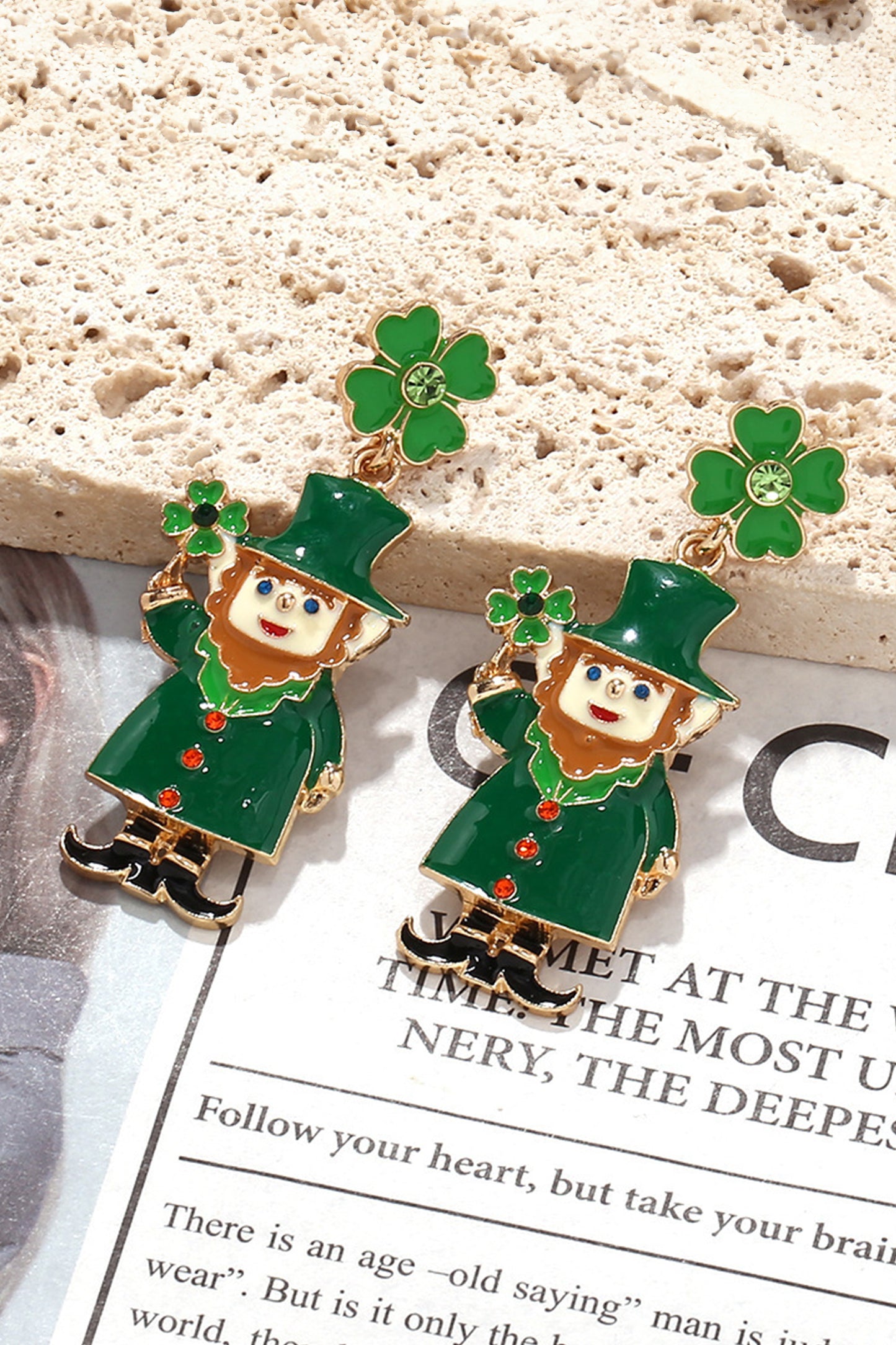 St. Patrick’s Green Leprechaun Clover Enamel Drop Earrings