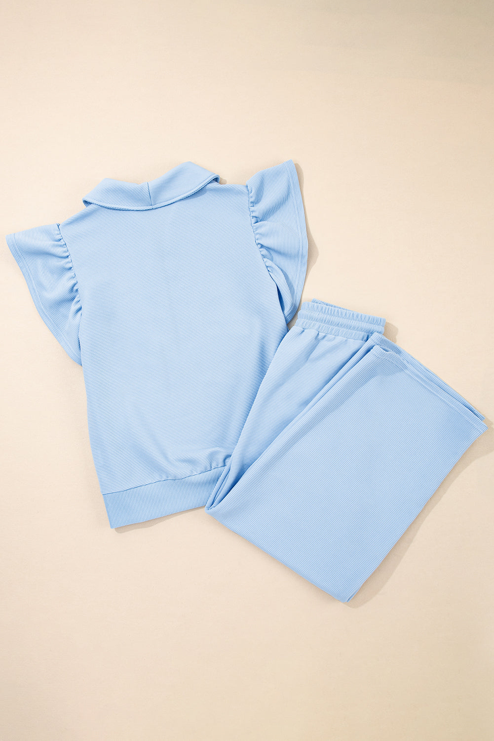 Textured Ruffle Sleeve Solid Color Two-Piece Set