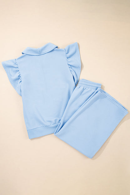Textured Ruffle Sleeve Solid Color Two-Piece Set
