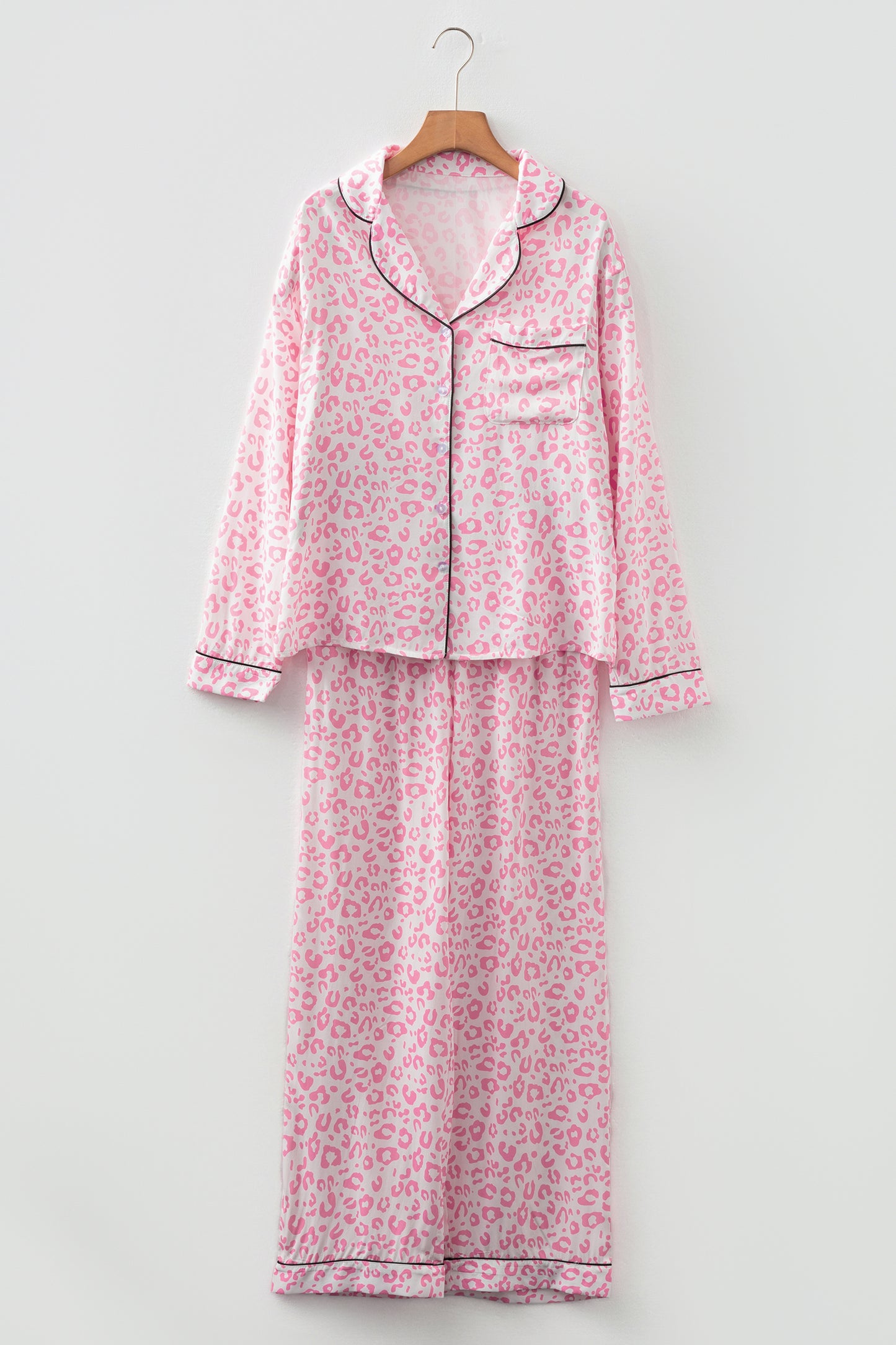 Pink Leopard Satin Pajama Set Long Sleeve Button Down Sleepwear