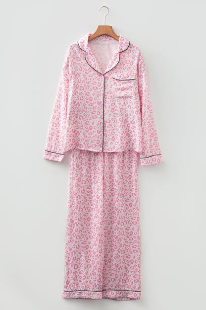 Pink Leopard Satin Pajama Set Long Sleeve Button Down Sleepwear