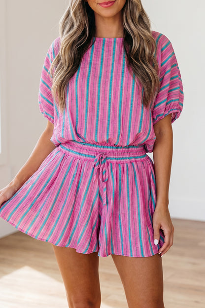 Pink Stripe Puff Sleeve Two Piece Shorts Set