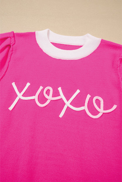 Bright Pink XOXO Puff Sleeve Contrast Knit Valentine Sweater Top