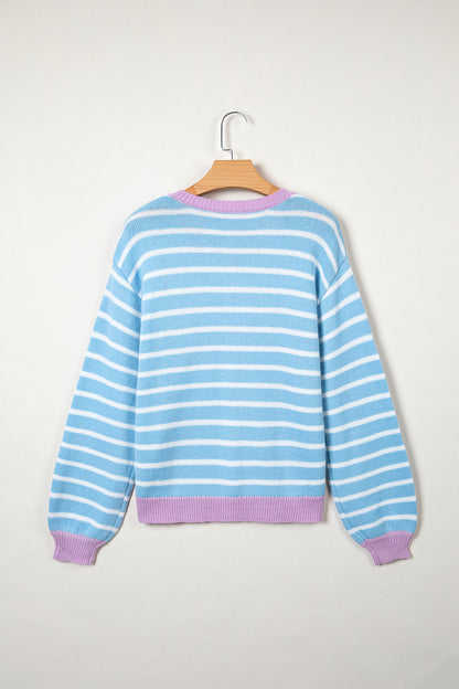 Sky Blue Pastel Stripe Button Knit Cardigan Sweater Top