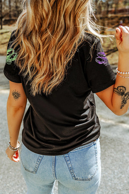 Black Sequin Crawfish Graphic Mardi Gras Festive Tee